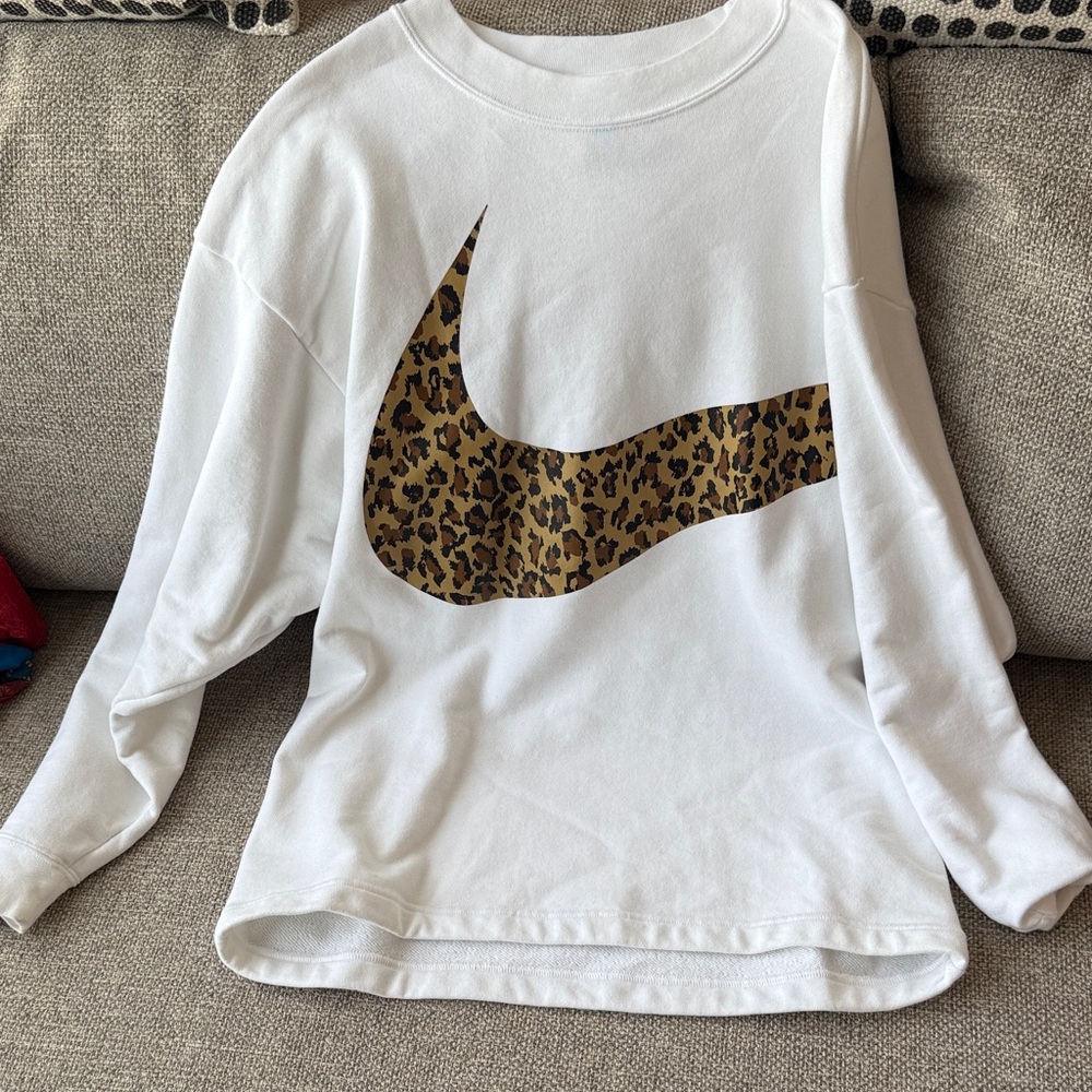 Nike White Sweater with Leopard Print Logo